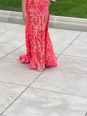 Rachel Allan Coral Pink Embroidered Maxi Gown with Thigh Slit